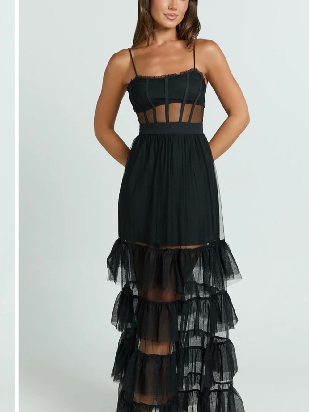 Black Mesh Tiered Ruffle Maxi Dress